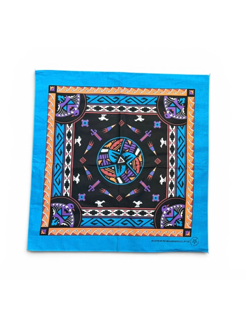 Vintage 80s Hav-A-Hank Southwestern Thunderbird Bandana Blue USA RN15187 21x21